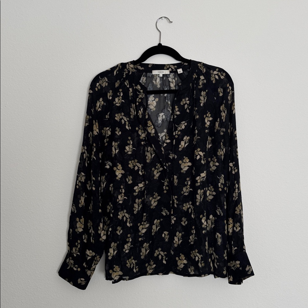Vince Dandelion Poet Blouse Gathered Floral Print Silk Crepon Black Printed Top - Picture 8 of 13